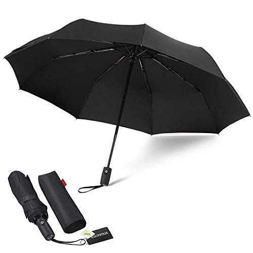 Paraguas Automático de Viaje Plegable 9 Nervaduras Resistente al Viento Impermeable Protección de Rayos Ultra Violeta con Revestimiento de Teflón 210T de Esonmus Color Negro