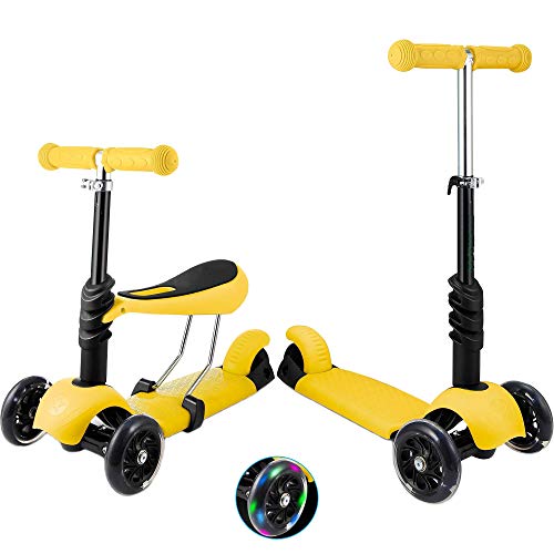 Patinete de 3 ruedas para niños pequeños y niñas, 2 en 1, con asiento desmontable, ruedas de luz LED, manillar de aluminio regulable en altura, base antideslizante, color amarillo