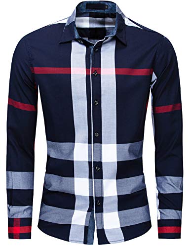 Pinkpum Camisas de Hombre Camisa a Cuadros Camisas de Vestir Camisa Casual T5-Azul Marino M