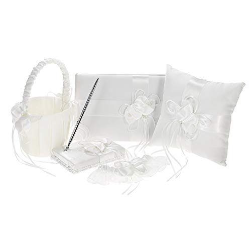 PKA Juego de 5 cestas de satén para niña de flores de boda, incluye cojín portador de anillos, libro de visitas, soporte para bolígrafo y liguero para novias.