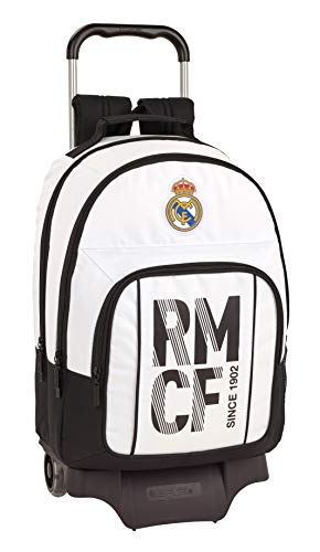 Real Madrid C.F. Mochila Grande Ruedas, Carro, Trolley, 43 cm, Blanca/Negra