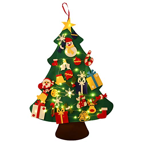 SALCAR Árbol de Navidad de fieltro de 1 m con cadena de luz 5 m, 30 adornos navideños de fieltro DIY, regalos de Navidad para niños, luces LED decorativas para colgar en la pared del árbol de Navidad.
