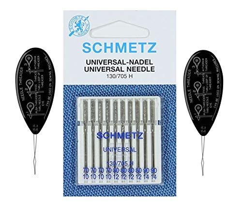 Schmetz - Agujas para máquina de coser universales (regular/estándar), varios tamaños 70/10, 80/12 y 90/14 (paquete de 10) con 2 enhebradores de agujas