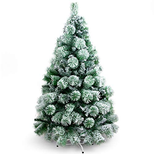 SunJas Árbol de Navidad Artificial con Aguja de Pino, Árbol Verde Cubierto de Nieve Artificial, Material PVC, Soporte Metal, Árbol Navideño Decoración Festivo (180CM, 637 Ramas)