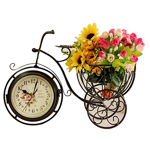 S.W.H Novedad Creativo Arte de Hierro Retro de Doble Cara Triciclo Cesta de Flores Reloj de Mesa Bronce