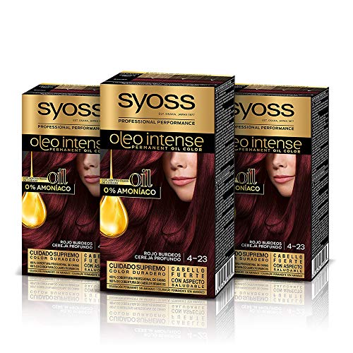 Syoss Oleo Intense - Tono 4-23 Rojo Burdeos (Pack de 3) – Coloración permanente sin amoníaco – Resultados de peluquería – Cobertura profesional de canas