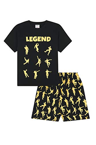 The PyjamaFactory - Pijama corto de algodón con emotes de juegos y bailes y la palabra LEGEND, color negro y dorado Negro Negro ( 11-12 Años