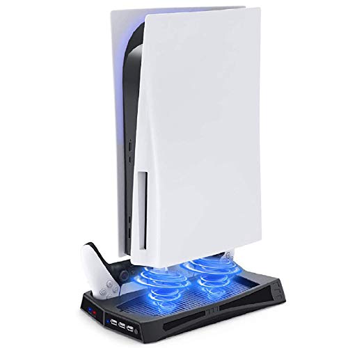 TPFOON Soporte Vertical con Ventilador de Refrigeración para Sony PS5 Digital Edition y PS5 UHD Edition, que Incluye 2 estación de carga del Controlador DualSense y 3 Puertos USB