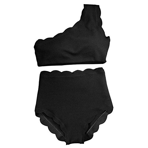 TSWRK Traje de baño de dos piezas de bikini de talle alto festoneado con volantes - Negro - 38