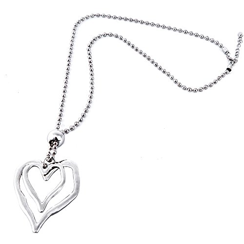 Unique Gifts On The Web Lagenlook - Collar de cuentas con colgante de doble corazón chapado en plata de gran tamaño abstracto largo 95 cm