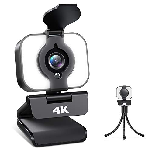Webcam 4K, Webcam PC con Micrófono y Luz, Cámara Web con Trípode para Streaming de Medios, Video Chat y Juego, Webcam Adecuado para Youtube, Instagram, Skype, Compatible con Windows, Mac y Android