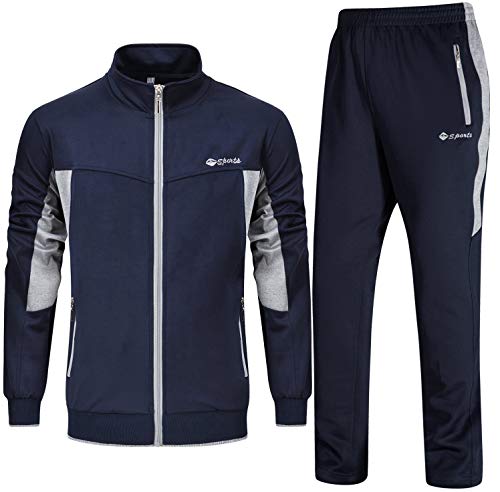 YSENTO Chándal completo para hombre, ideal para jogging y gimnasio, transpirabilidad del sudor, cuello alto, pantalones Azul marino + gris XXL
