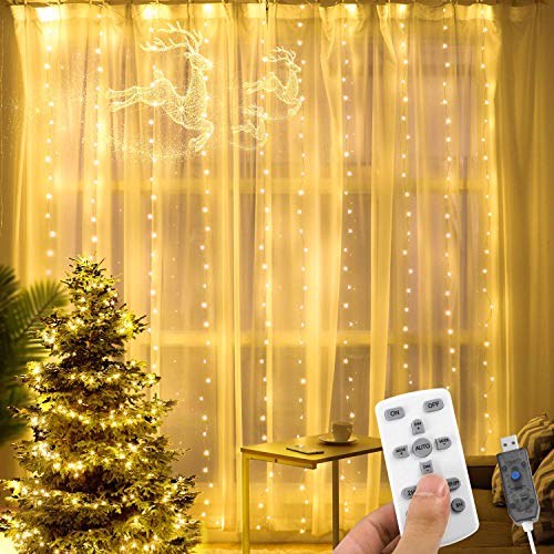 AGPTEK Cortina de Luces LED 3 * 3M 300 LED USB Luz Cadena Navidad Impermeable con 8 Modos y 15 Brillos, Recortable con Control Remoto para Fiesta/Boda/Navidad, Blanco Cálido