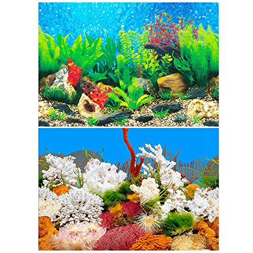 Amakunft 50 cm de alto x 122 cm de ancho, adhesivo para fondo de acuario, doble cara, papel pintado para tanque de peces (plantas de agua y roca de coral)