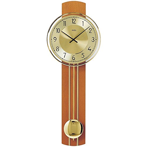 AMS Reloj de pared 7115/9 de cuarzo con péndulo de metal, madera maciza de cerezo lacada