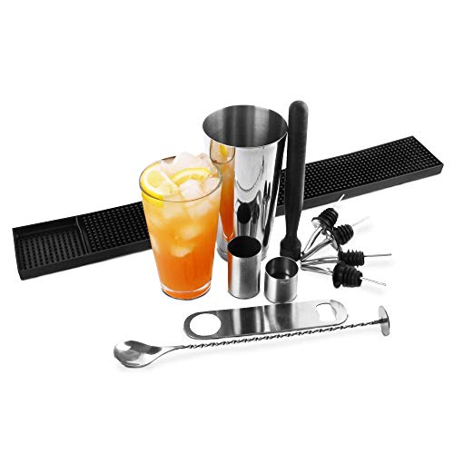 Bar@Drinkstuff - Gran boston cocktail shaker establecidos por | contiene vidrio, mezcla muddler, cuchara, colador de coctel, barra cuchilla, estera de la barra de goma, medidas de 25ml y 50ml y 4 x vertedores & tin coctelera boston profesional | kit cócte
