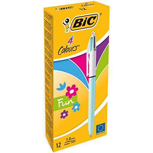 BIC 887777 4 colores Fun bolígrafos Retráctiles punta media (1,0 mm) – Celeste Pastel, Caja de 12 unidades