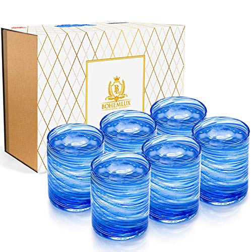 BOHEMLUX Set de 6 Vasos de Cristal Soplados a Mano en Espiral Azul de 350 ml, de 11cm Alto y 8cm Ancho para Regalo Hombre o Mujer