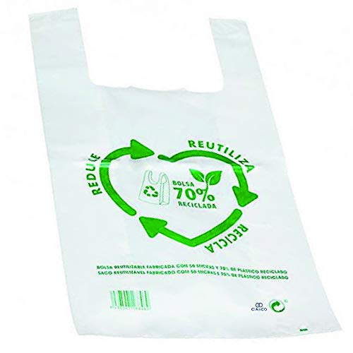 Bolsas de Plástico Tipo Camiseta Resistentes, Reutilizables y Recicladas | Galga 200 | Tamaño XXL 50x60 cm | Gran Resistencia - 90 uds | 70% Recicladas | Cumple Normativas | Aptas Uso Alimentario