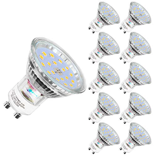 Bombilla LED GU10 de luz blanca fría, 6000 Kelvin, 600 lúmenes, 5 W equivalente a 60 W, 220 V-240 V CA, ángulo de dispersión de 120°, GU10, 10 unidades