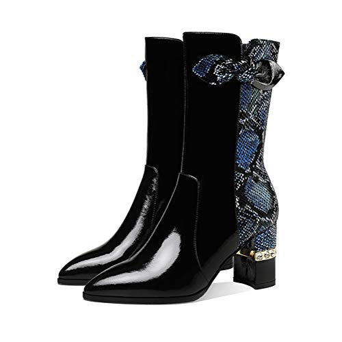 Botas de las mujeres de bloqueo de color de punta, nuevas botas de tacón alto de invierno con terciopelo Rhinestone Fashion Fashion Knot Temperamento,Negro,42