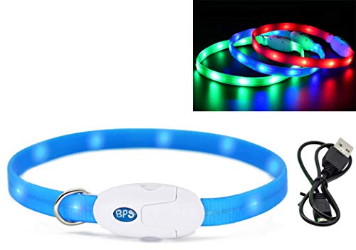 BPS Collar Luminoso Recargable USB para Mascotas Perros Gatos Impermeable Collar de Seguridad Luz Brillante 3 Colores 2 Tamaños para Elegir (1.6 x 55 cm, Azul) BPS-5557AZ
