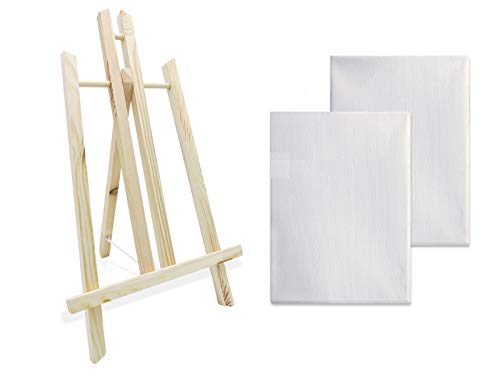 Caballete de madera para pintar con dos lienzos blancos preestirados ideal para soporte de lienzos pinturas óleo, acrílicas o exposición de cuadros (40CM)