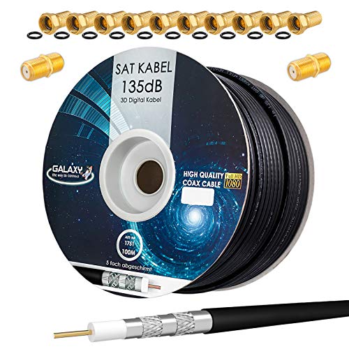Cable coaxial SAT CCS PRO de 135 dB 100 m apantallado cable de antena coaxial de acero y cobre para instalaciones DVB-S / S2 DVB-C y DVB-T BK+10 conectores F dorados y 2 conectores F gratis.