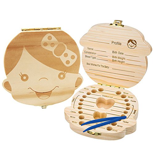 caja de madera Organizador guardar los dientes de bebé caja de recuerdos para bebé, niños dientes de leche/cordón umbilical/lanugo organizador para niños niñas - pinzas gratis