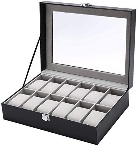 Caja de reloj con 12 ranuras para relojes de madera, caja de almacenamiento con cerradura con tapa de cristal, piel sintética, color negro (tamaño: 30 x 20 x 8 cm)