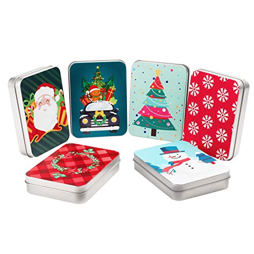 Caja para Tarjetas de Regalo (Pack de 6) 11,5x8,3x2,2 cm Tarjeta Regalo en Lata de Metal - Tema de Navidad Variada - Caja con Tapa Almacenamiento para Pequeños Regalos para Niños, Familiares y Amigos