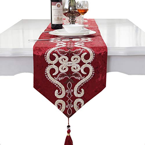 Camino de mesa de terciopelo bordado con borla para decoración del hogar, fiesta, regalo, 203 cm aprox.