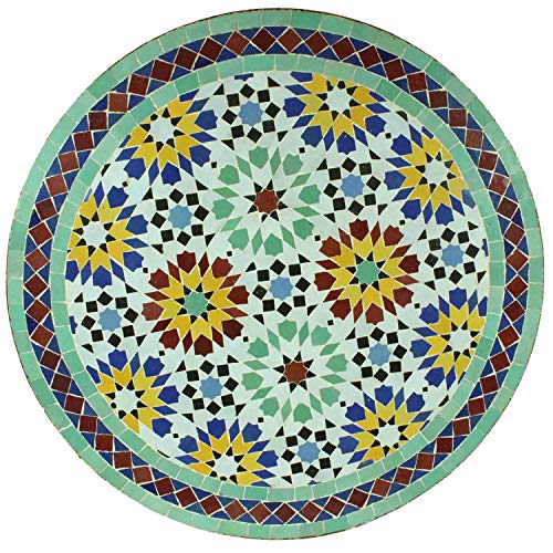 Casa Moro Mesa de jardín mediterránea, diseño de mosaico, Ankabut, turquesa, multicolor, 70 cm, redonda, con estructura altura de 73 cm, artesanía de Marrakesch, mesa auxiliar marroquí | MT3089