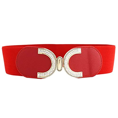 Cinturón de moda para mujer, de lona elástica, de piel sintética, gancho de metal, cinturón para mujer, cinturón para mujer (longitud del cinturón: 65 x 6 cm, color: rojo)