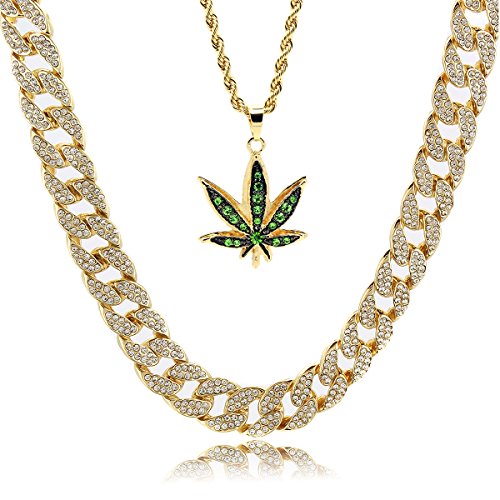 Colgante de marihuana verde chapado en oro de 14 quilates para hombre, cuerda de 61 cm y cadena cubana de 76 cm
