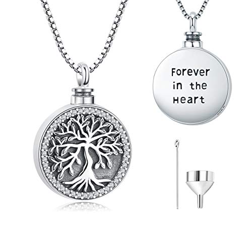 Collar de urna para cenizas, árbol de la vida de plata de ley 925, joyería de cremación conmemorativa para mujer "Forever in the Heart" con colgante de medallón