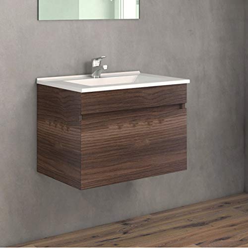 CTESI Conjunto de Mueble de baño suspendido con Lavabo de Porcelana y Espejo - 1 cajón - El Mueble va MONTADO - Modelo Soki (60 cms, Tea)