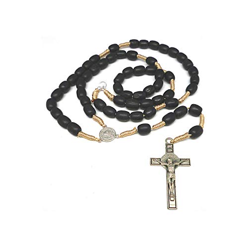 DELL'ARTE Rosario hecho a mano de madera y cuerda – Cruz y cruz San Benito – 8 x 10 mm Color Negro Artículos religiosos