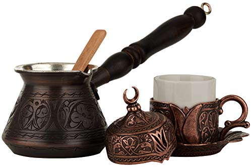 DEMMEX juego de 6 piezas de café griego turco para 1 con olla de cobre grabada y tapa de plato y cuchara de alta resistencia