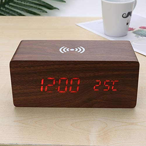 Digital Home Decoration Wooden Electric Alarm Clock with Wireless Charging Pad LED Digital Charger for Bedroom