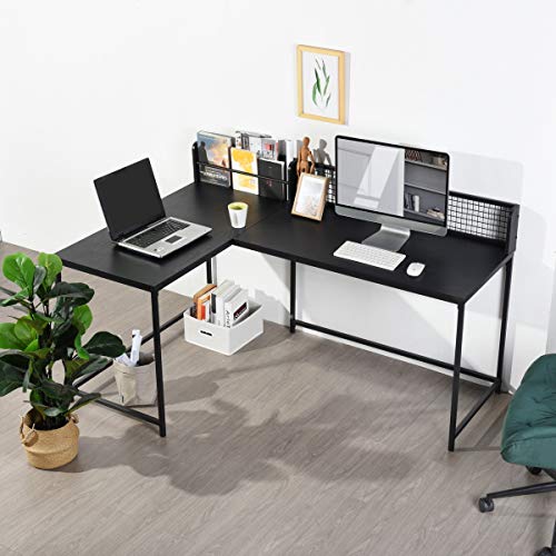 Escritorio esquinero para ordenador, ideal para el hogar, oficina, escritorio en forma de L, tablero de densidad media, mesa estable de 165 x 110 x 75 – 95 cm Negro