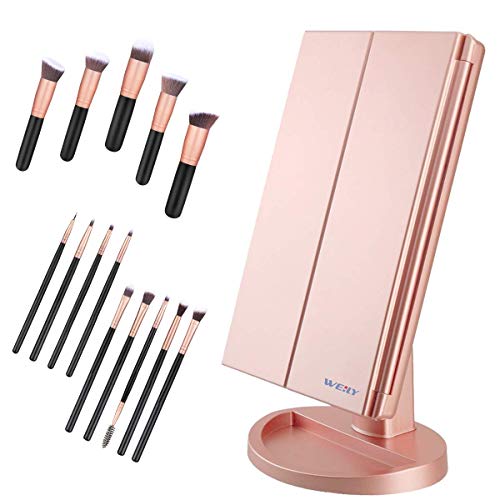 Espejo de maquillaje, WEILY 1x / 2x / 3x Espejo de maquillaje de tres pliegues con 21 luces LED y pantalla táctil ajustable Espejo iluminado Tocador Espejos cosméticos de encimera (Oro rosa)