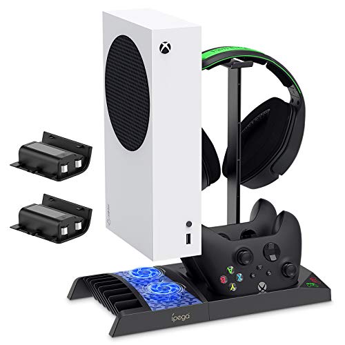 FYOUNG Soporte de carga vertical para Xbox Series S con ventilador de refrigeración, base de carga para Xbox Series S con 2 baterías recargables 1400 y soporte para auriculares para juegos
