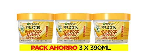 Garnier Fructis Hair Food Mascarilla 3 en 1 Banana Nutritiva, indicada para Pelo Seco - Pack de 3 unidades x 390 ml