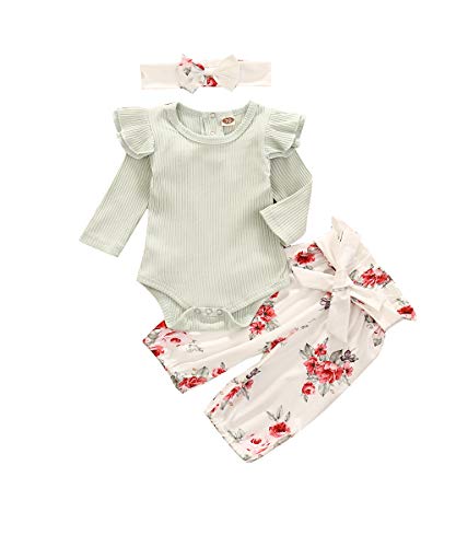 Geagodelia Pelele con volantes florales para bebé de algodón 3 piezas + pantalones + diadema completo para niña 0-3 meses otoño e invierno Verde B 0-6 Meses
