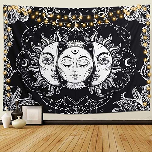 Gutsbox Tapiz de Pared Indio Hippie Bohemio Mandala psicodélico Colgar en la Pared Lanzar Luna y Sol Tapices Blanco Negro para Sala de Estar Dormitorio decoración 150x200cm con 6M LED Luces