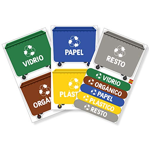 Haberdashery Online 5 Etiquetas Adhesivas Reciclaje Basura. Pegatinas para la gestión de residuos. Cada una de 9'4 x 8'4 cm. Modelo (XL)