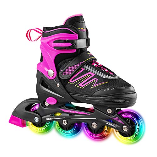 Hiboy Patines en línea ajustables con todas las ruedas iluminadas, patines para exteriores e interiores, para niños, niñas y principiantes (talla 39-42), color rosa