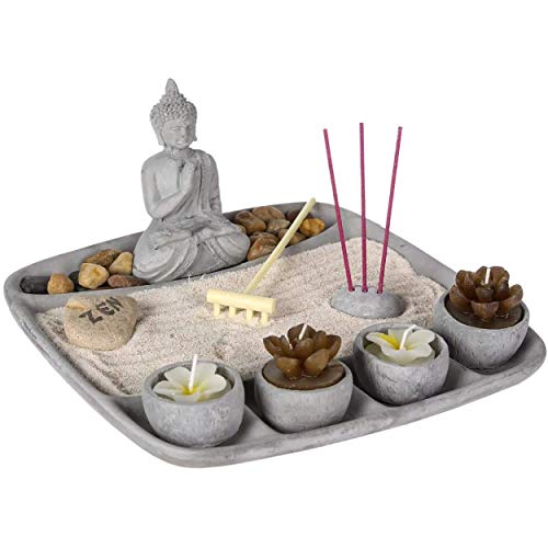 Hogar y Mas Jardín Zen con Buda de Cemento con 4 Velas, Decoración Zen, 23x23x12cm