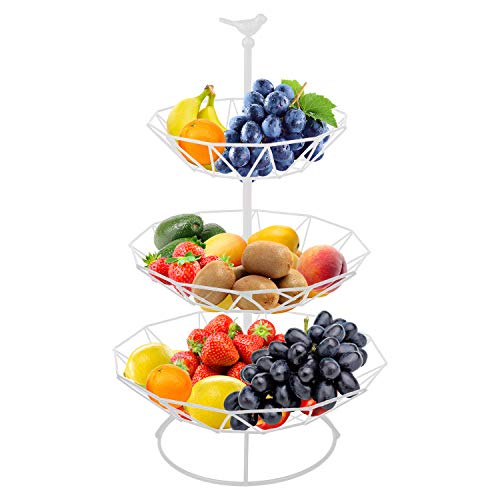 Hossejoy Frutero de 3 niveles, cesta para servir frutas y aperitivos, perfecto para frutas, verduras, aperitivos, artículos del hogar y mucho más (blanco)